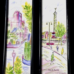 2 vintage framed tile art signed Okamoto Paris Bastille & city of Paris